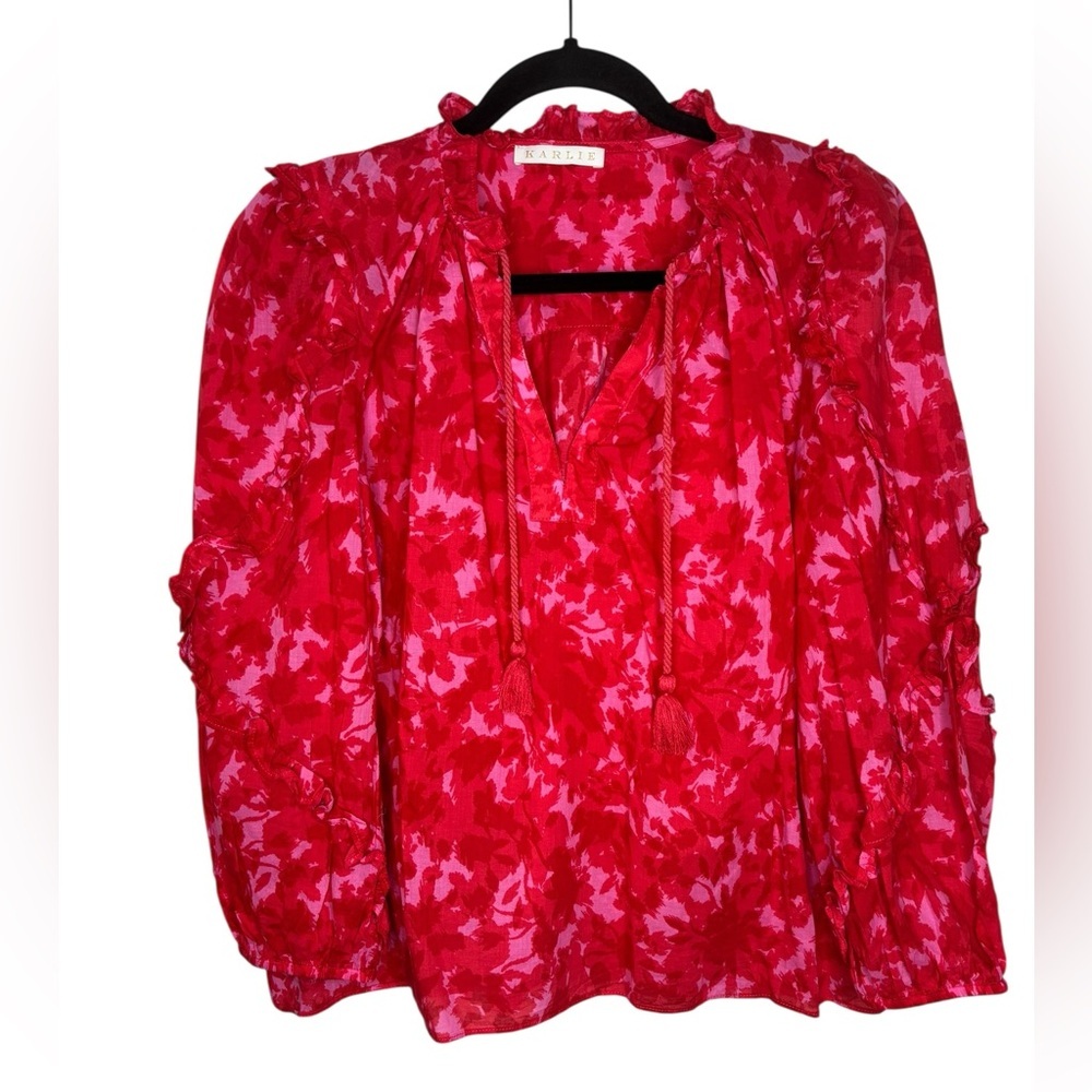 Karlie Lightweight Red Pink Cotton Blouse Size Small Ruffles Dainty Oversized